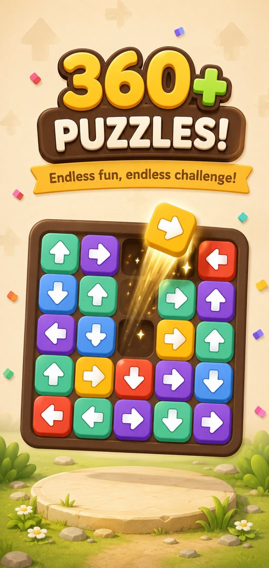 360+ puzzles — a packed five-wide board with a golden tile mid-flight.