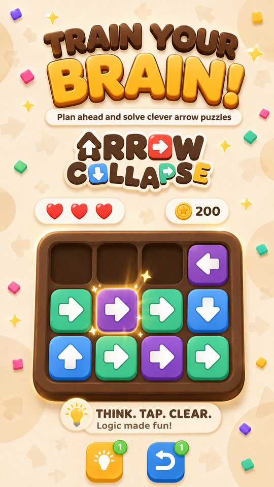 Train your brain — the Arrow Collapse logo above a glossy board of arrow tiles, hearts and a coin balance.